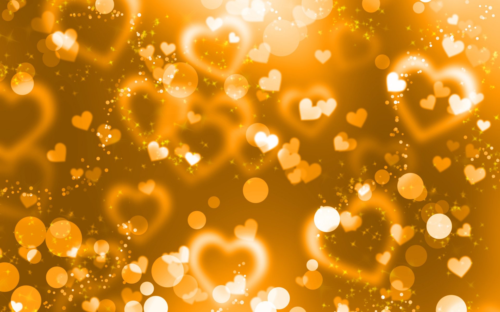 A vibrant HD desktop wallpaper featuring an artistic display of glowing hearts and shimmering lights in warm golden tones, evoking feelings of love and romance.