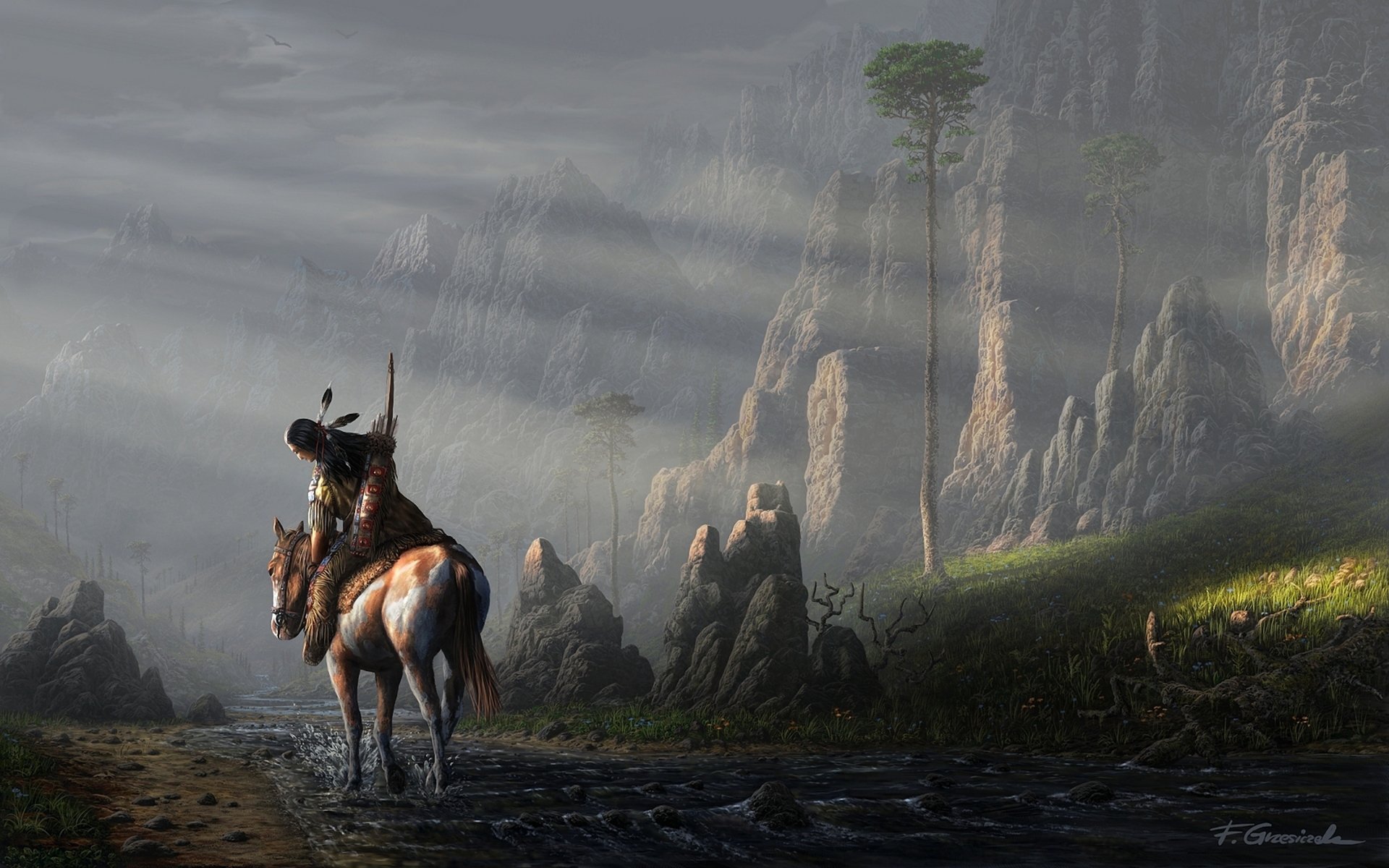 A fantasy warrior atop a horse stands on a rocky path, surrounded by misty cliffs and rays of light, captured in an HD PC desktop wallpaper scene.