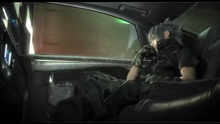 A character from Final Fantasy XV sits contemplatively in a car, captured in stunning HD, making for an engaging video game wallpaper.