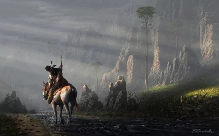 A fantasy warrior atop a horse stands on a rocky path, surrounded by misty cliffs and rays of light, captured in an HD PC desktop wallpaper scene.