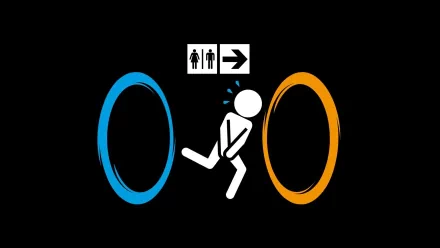 A whimsical HD wallpaper inspired by the Portal video game, featuring a stick figure running between a blue and an orange portal, illustrating a humorous sense of urgency.