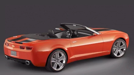 Orange Chevrolet Camaro convertible, rear three-quarter view on a neutral studio backdrop — HD PC desktop wallpaper and background.