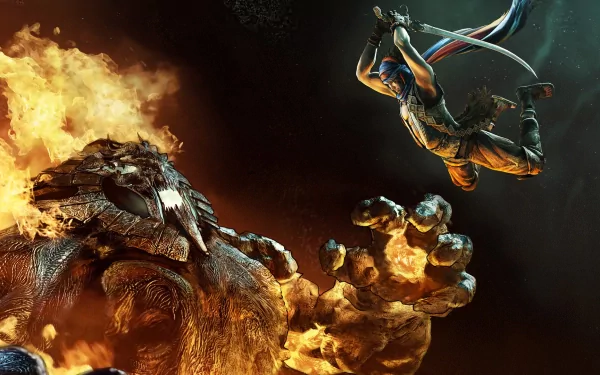 An action-packed HD wallpaper from the video game Prince of Persia, featuring a dynamic scene of the protagonist leaping into combat against a fiery beast.