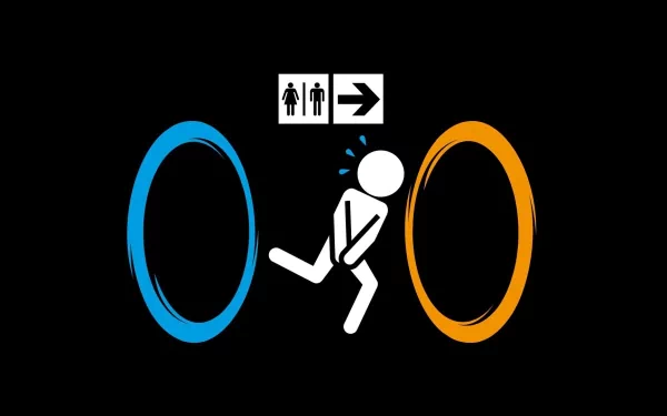 A whimsical HD wallpaper inspired by the Portal video game, featuring a stick figure running between a blue and an orange portal, illustrating a humorous sense of urgency.