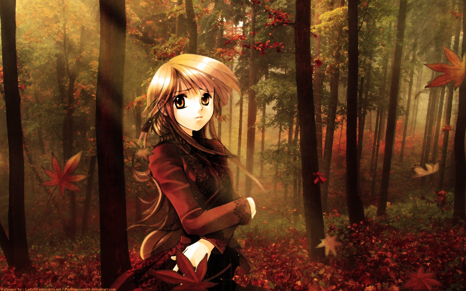 Anime original HD PC desktop wallpaper: girl in a red coat standing in a sunlit autumn forest, maple leaves drifting through warm golden light.