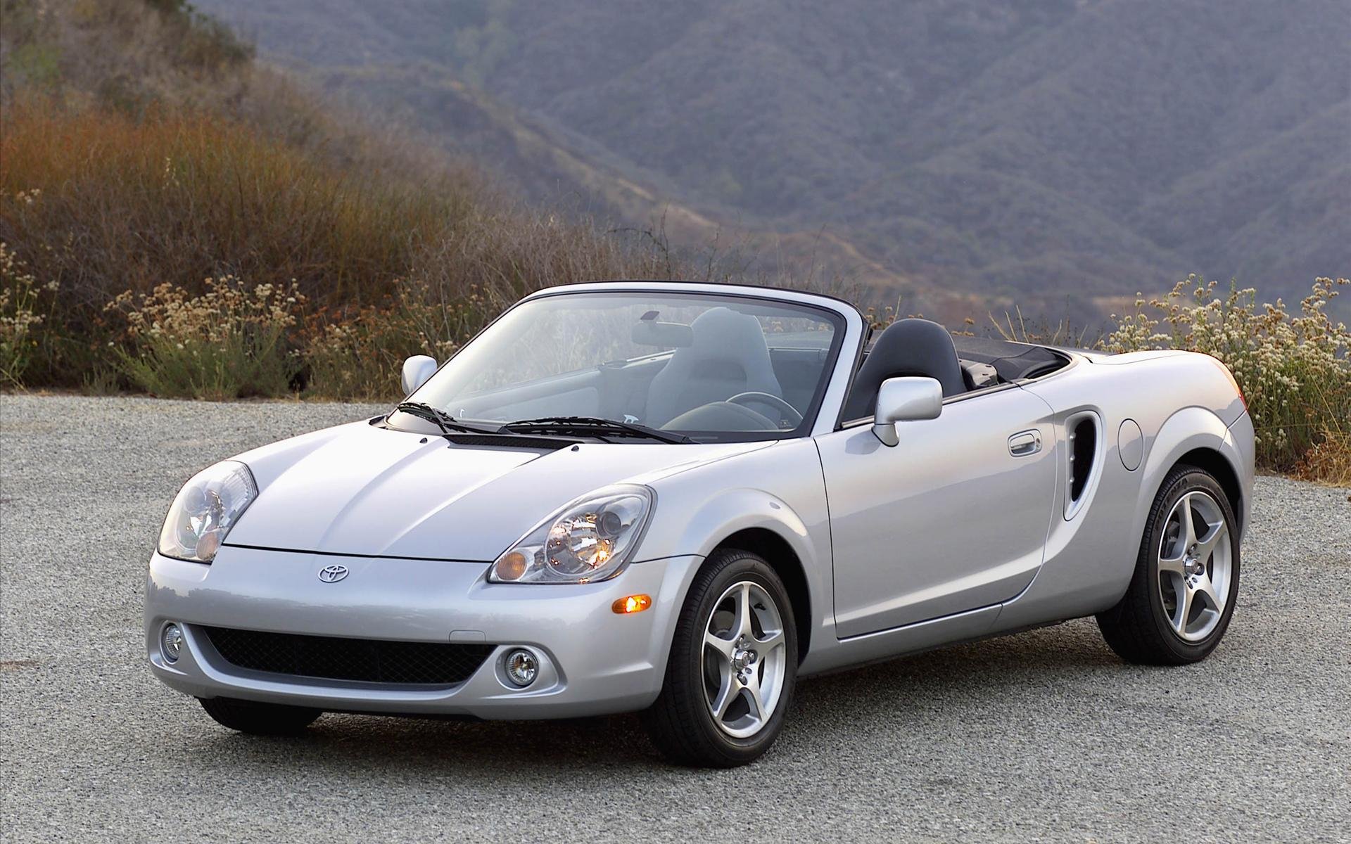Silver Toyota convertible parked on a mountain roadside, shown in crisp detail as an HD PC desktop wallpaper and background.