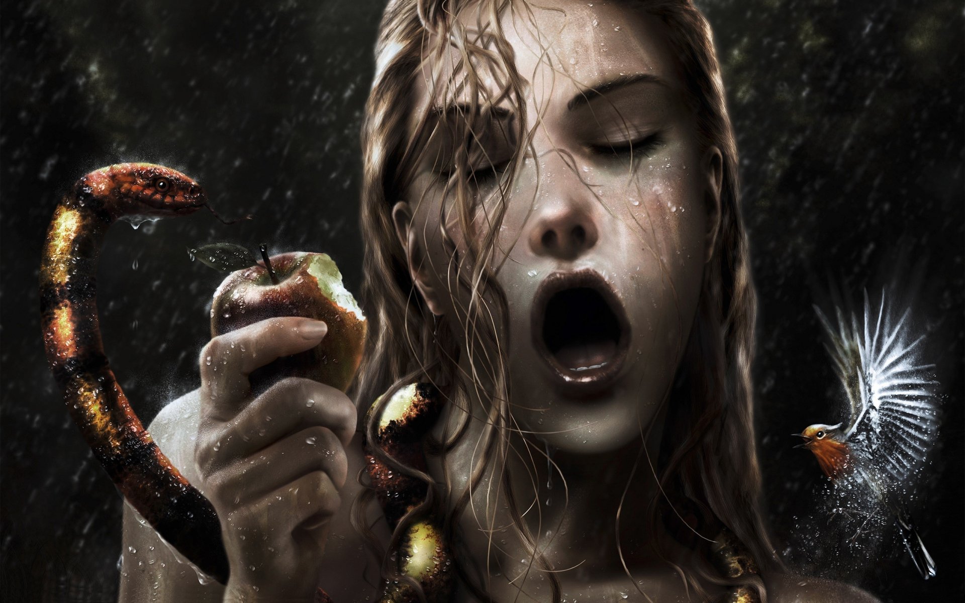 A captivating fantasy-themed HD wallpaper featuring a woman with wet hair, holding an apple, surrounded by an intertwining snake and a bird, evoking a mystical atmosphere.