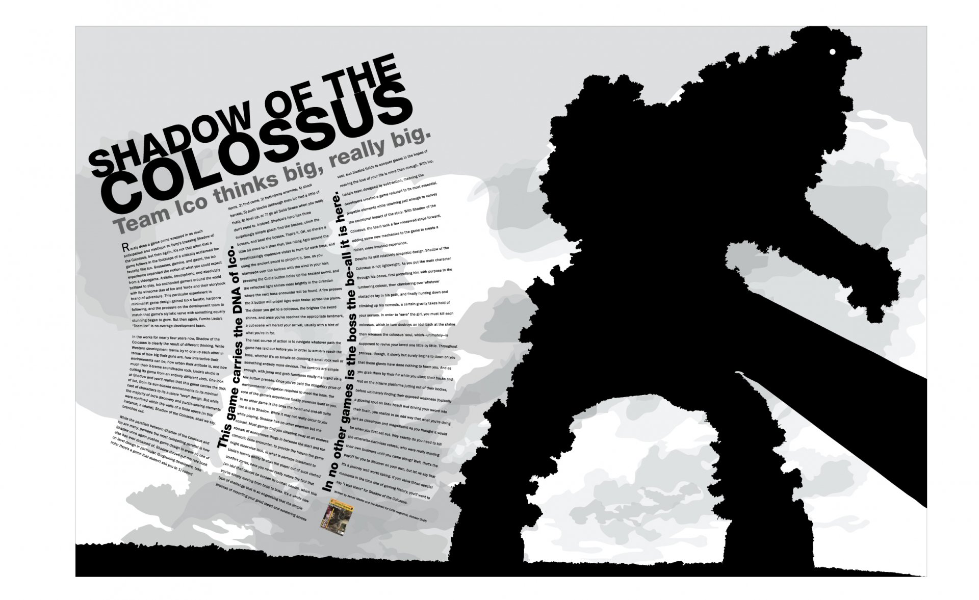 HD PC desktop wallpaper featuring a striking black silhouette of a colossal figure from the video game Shadow of the Colossus with bold text elements.