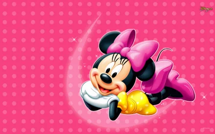 HD Disney movie desktop wallpaper featuring Minnie Mouse in a playful pose on a pink polka-dotted background.