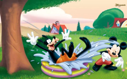 A vibrant HD wallpaper featuring Mickey Mouse and Goofy enjoying a fun day in a colorful outdoor setting, splashing water and radiating classic Disney charm.