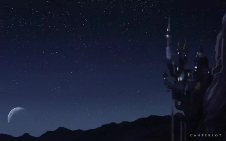 HD wallpaper featuring Canterlot's majestic castle under a starry night sky, inspired by *My Little Pony: Friendship Is Magic*. A magical landscape from the beloved TV show.