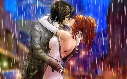 HD desktop wallpaper featuring Ulquiorra Cifer and Orihime Inoue from the anime Bleach, sharing a passionate kiss in the rain at night.