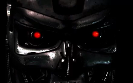 Close-up of a menacing robotic face from the movie The Terminator, featuring glowing red eyes and a dark, metallic texture, set as an HD desktop wallpaper.