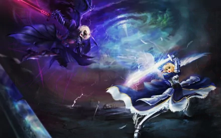 HD desktop wallpaper featuring Artoria Pendragon and Saber Alter from the Fate Series anime, specifically Fate/stay Night Movie: Heaven's Feel, in an intense battle with vibrant, mystical backgrounds.