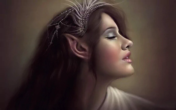 A serene elf with elegant features and intricate hair adornments gazes thoughtfully to the side. This captivating image serves as an enchanting fantasy-themed HD wallpaper.