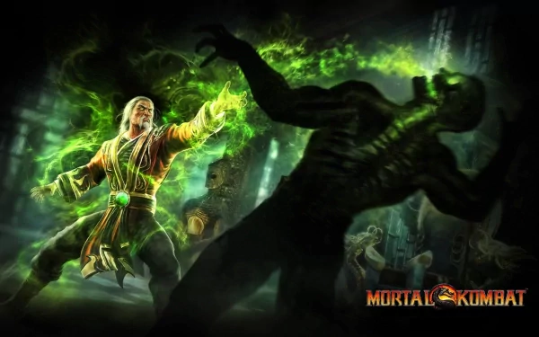 HD PC desktop wallpaper featuring intense Mortal Kombat characters in a green energy battle scene, highlighting dynamic action from the iconic video game franchise.