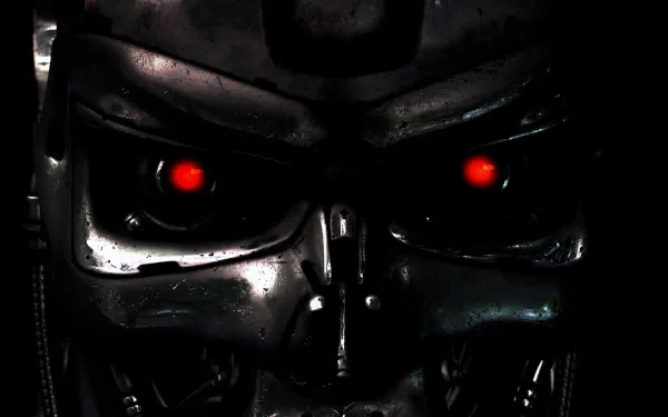 Close-up of a menacing robotic face from the movie The Terminator, featuring glowing red eyes and a dark, metallic texture, set as an HD desktop wallpaper.