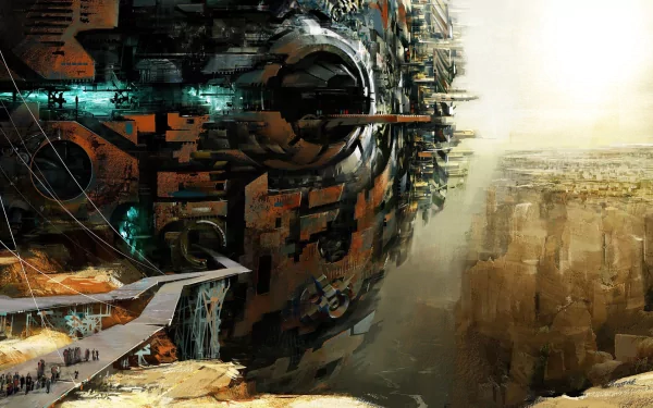 A stunning HD desktop wallpaper featuring a futuristic landscape inspired by the video game Guild Wars 2, showcasing a massive, intricate structure and dramatic scenery.