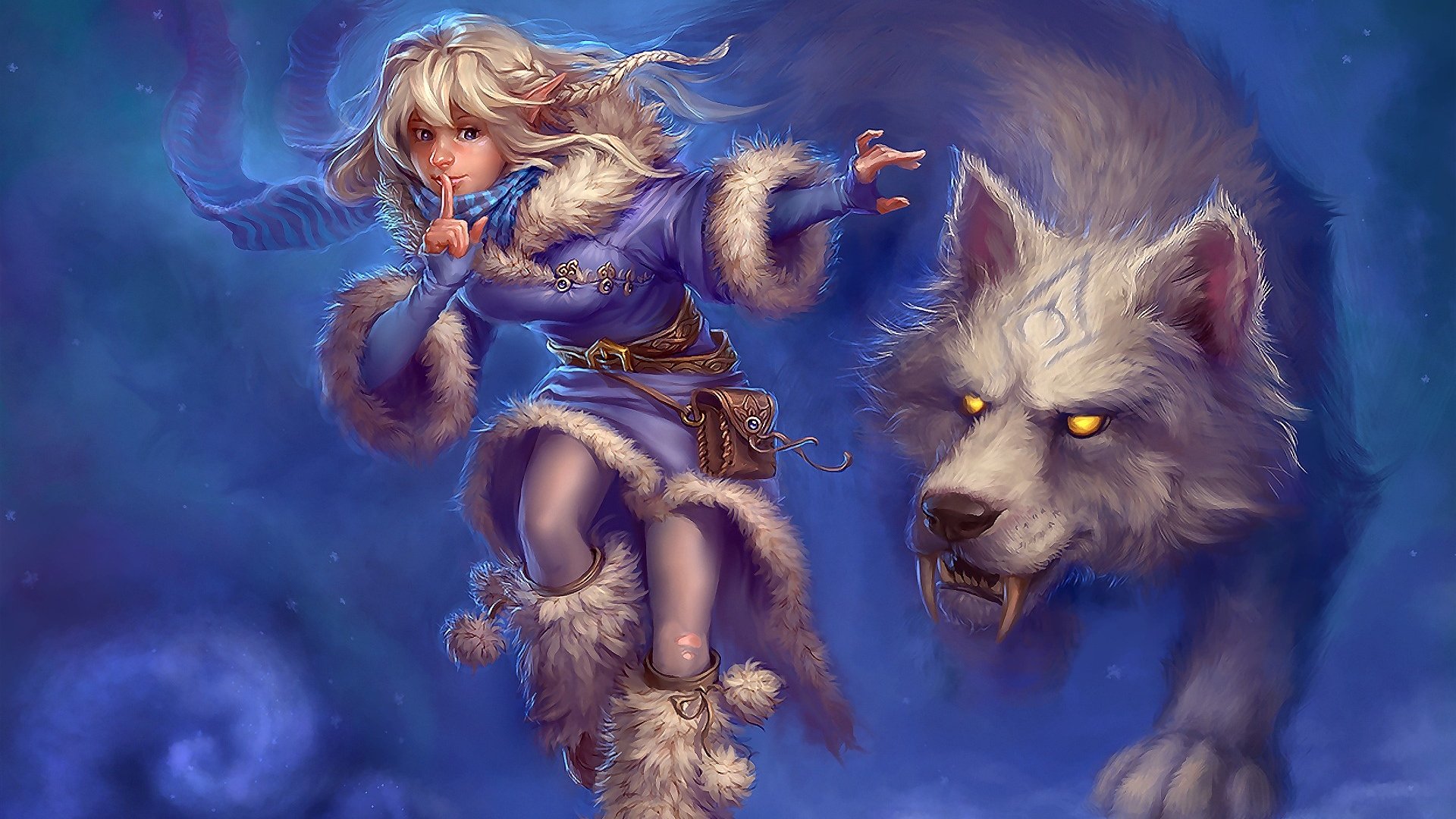 A fantasy-themed HD desktop wallpaper featuring a woman in cozy attire, whispering alongside a majestic wolf, set against a mystical blue background.