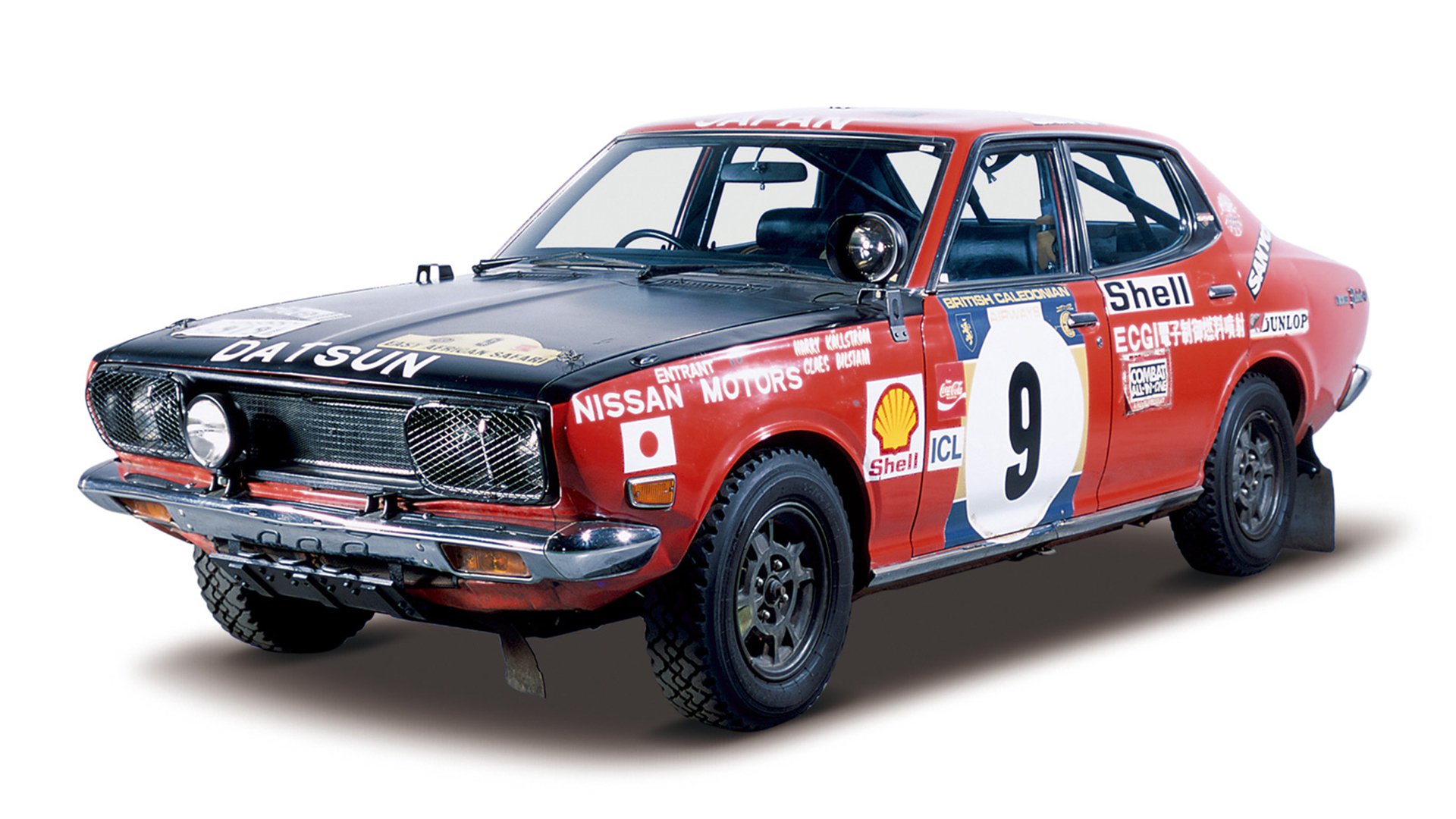 HD PC desktop wallpaper and background showing a red vintage racing vehicle, sports car, number 9, with sponsor decals on a white backdrop.