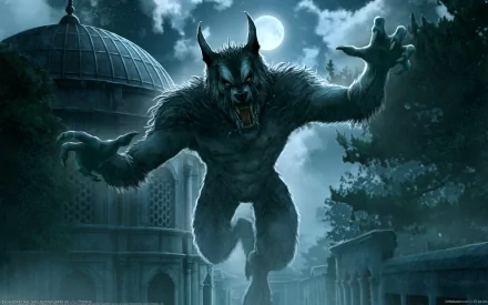 HD desktop wallpaper featuring a dark, eerie scene of a werewolf leaping forward with a full moon in the background and architectural structures shaded in the night.
