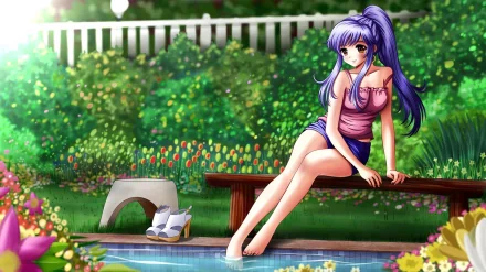 HD anime desktop wallpaper featuring a woman with long purple hair sitting on a bench by a garden pool, surrounded by vibrant flowers and lush greenery.