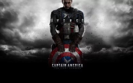 A dramatic HD wallpaper featuring Captain America from the movie Captain America: The First Avenger, showcasing the iconic shield against a stormy backdrop.