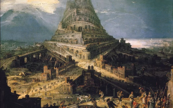 HD desktop wallpaper featuring a sci-fi city resembling ancient Babylon with a towering, spiral structure at the center, surrounded by intricate architecture and bustling activity.