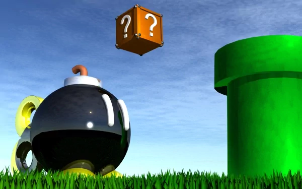 A vibrant HD wallpaper featuring a Bob-omb from the Super Mario video game series, alongside a ? block and a green pipe, set against a clear blue sky and grassy landscape.