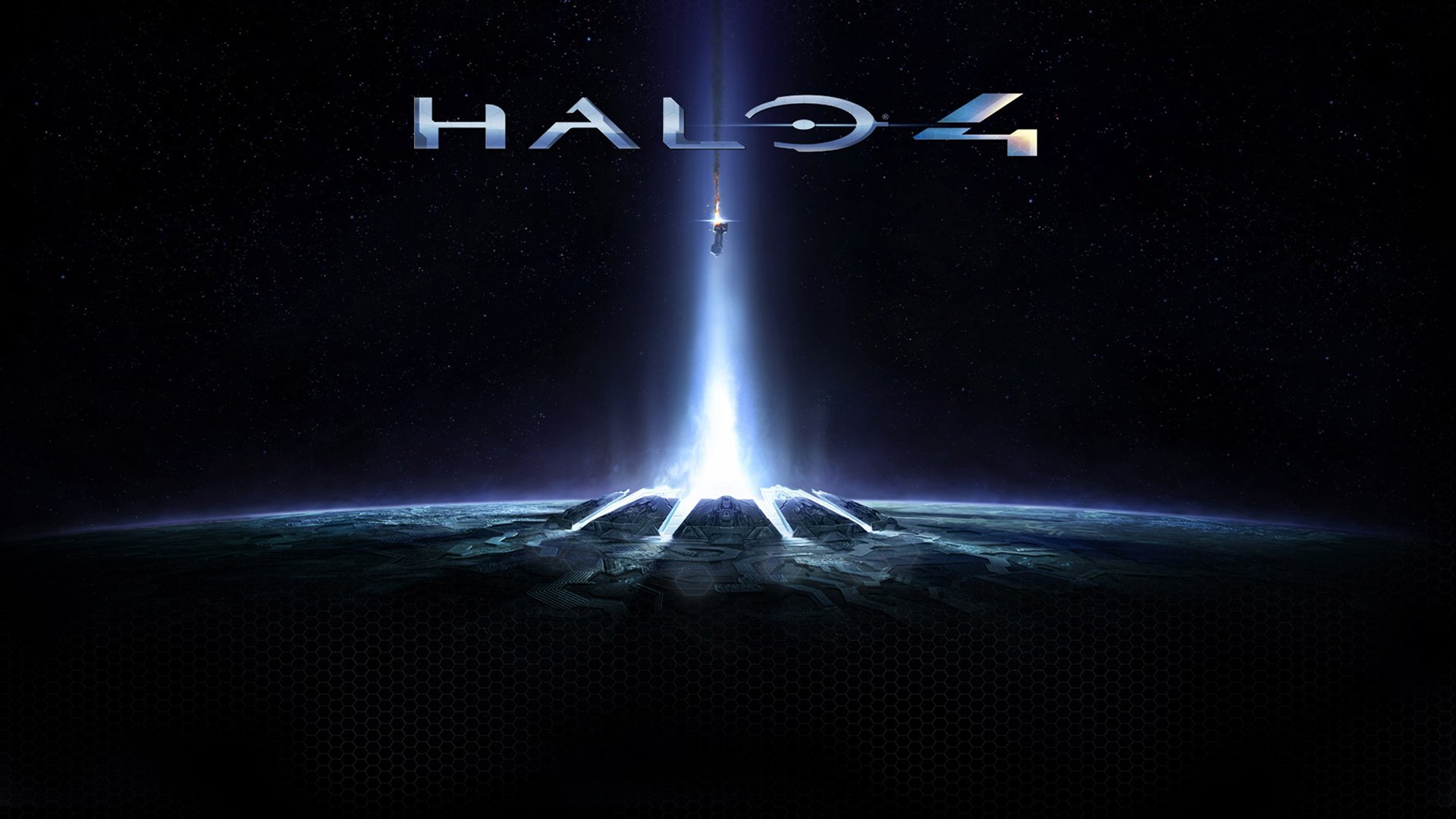HD PC desktop wallpaper featuring the video game Halo 4 logo above a glowing, futuristic landscape with a beam of light shooting skyward.