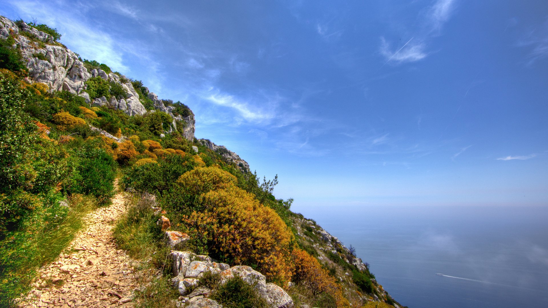 HD nature wallpaper featuring a mountain trail winding through rocky slopes with colorful vegetation under a clear blue sky.