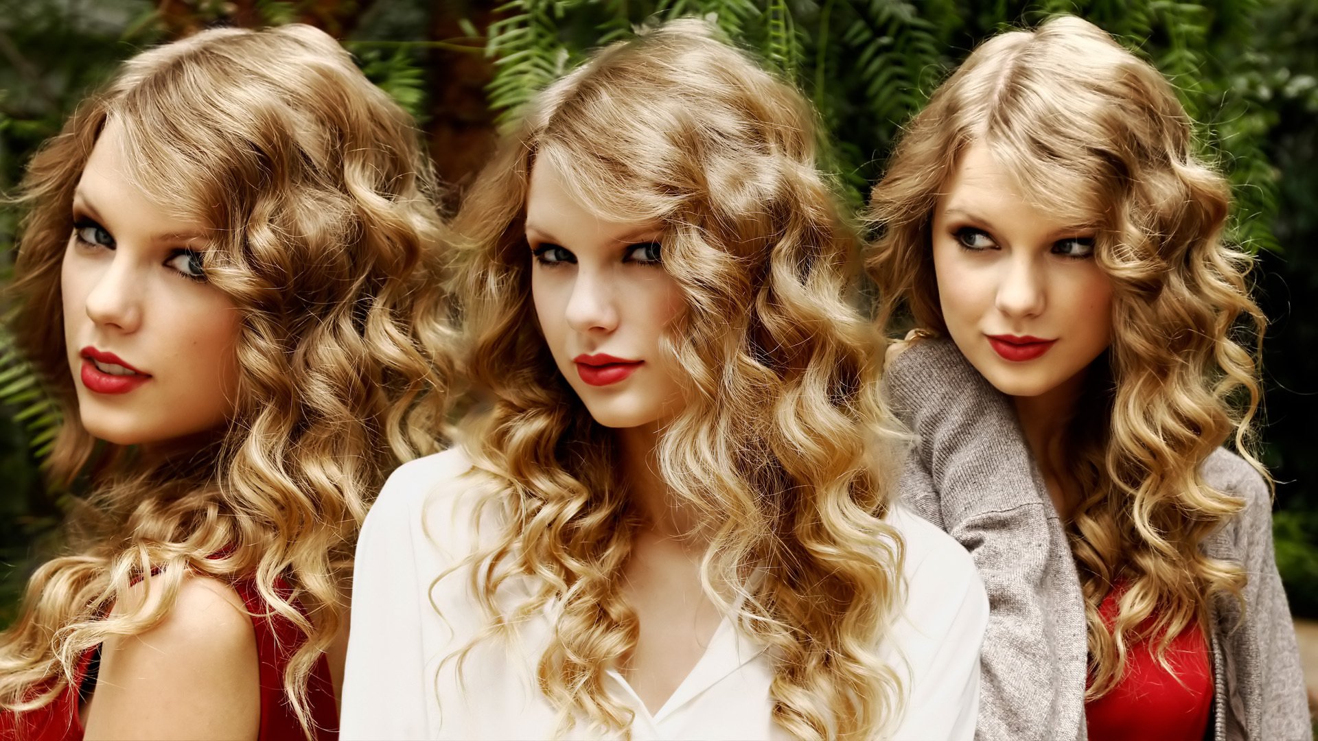 HD PC desktop wallpaper featuring three stylized images of Taylor Swift with curly hair, highlighting music and her iconic look.