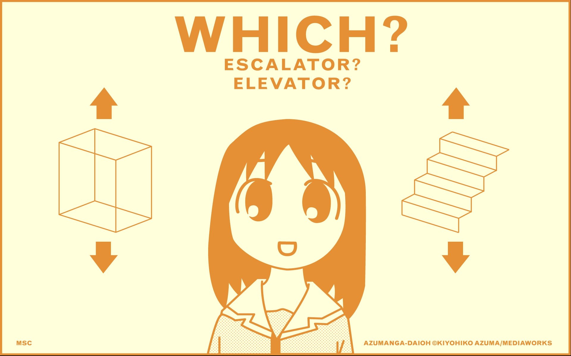 HD PC desktop wallpaper featuring an Azumanga Daioh anime character with a playful design contrasting escalator and elevator options.