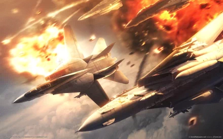 HD wallpaper featuring fighter jets in an explosive aerial battle scene from the video game Ace Combat, showcasing dynamic action and dramatic visuals.