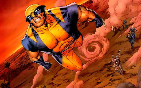 HD PC desktop wallpaper featuring Wolverine and Colossus from X-Men in a dynamic superhero comic scene with vibrant orange and red tones.