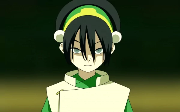 HD PC desktop wallpaper featuring Toph Beifong from the anime series Avatar: The Last Airbender with a focused expression against a dark background.