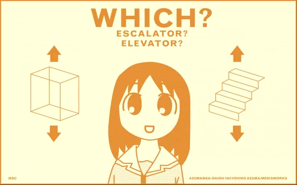 HD PC desktop wallpaper featuring an Azumanga Daioh anime character with a playful design contrasting escalator and elevator options.