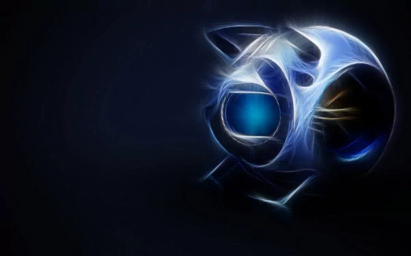 Glowing Portal 2 sentry turret in blue-white fractal style on a dark background — HD PC desktop wallpaper/background, video game art.