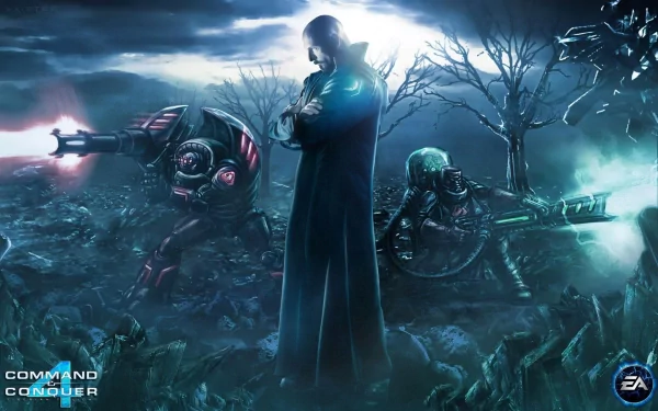 HD desktop wallpaper from the video game Command & Conquer 4: Tiberian Twilight, featuring a cloaked figure with futuristic soldiers in a dark, eerie battlefield.