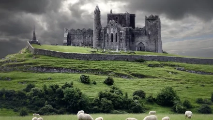 A historic castle perched on a lush hillside, surrounded by grazing sheep and dramatic skies, capturing the serene beauty of the Irish countryside and the Rock of Cashel.