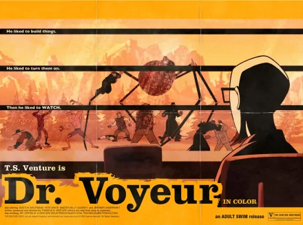 HD PC desktop wallpaper background for the TV show The Venture Bros.: Dr. Voyeur poster-style image of a silhouetted man observing action scenes through horizontal panels in warm orange tones.