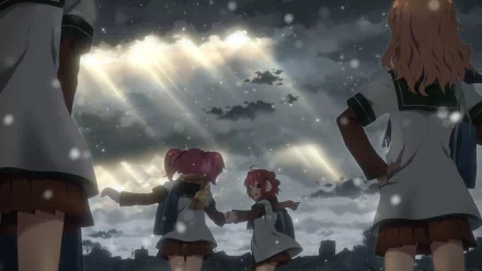 A serene HD wallpaper featuring characters from YuruYuri, standing together under a dramatic sky with beams of light breaking through dark clouds, creating a captivating atmosphere.