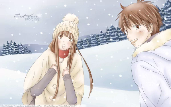 HD anime desktop wallpaper featuring Shota Kazehaya and Sawako Kuronuma from Kimi Ni Todoke, set in a snowy winter landscape with falling snowflakes.