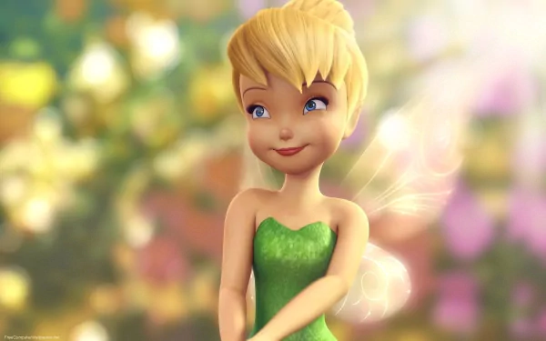 HD desktop wallpaper featuring Tinker Bell from the movie, with a vibrant, blurred out forest background and sunlight shining through.