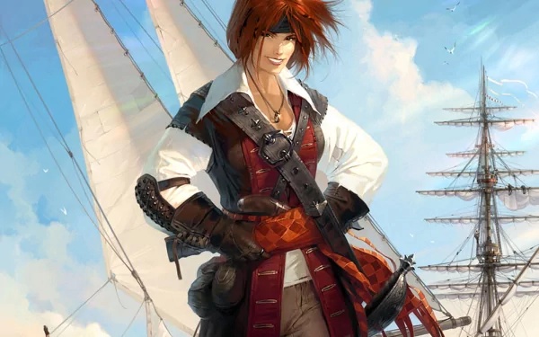 A vibrant HD fantasy wallpaper featuring a confident redhead pirate standing on a ship against a bright sky, embodying adventure and daring spirit.