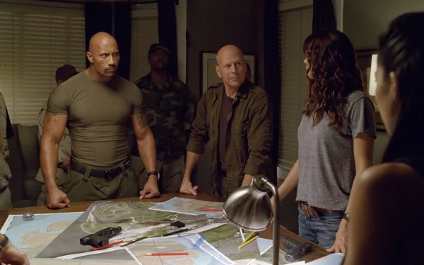 HD PC desktop wallpaper featuring a tense planning scene from the movie G.I. Joe: Retaliation with key characters gathered around a table.