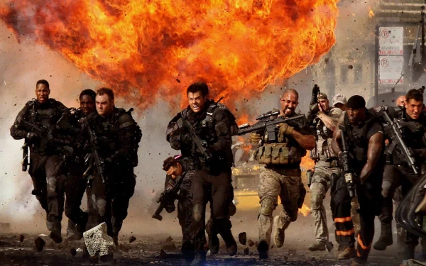 HD PC desktop wallpaper featuring an intense action scene from the movie Transformers: Dark of the Moon with armed soldiers running from a massive explosion.