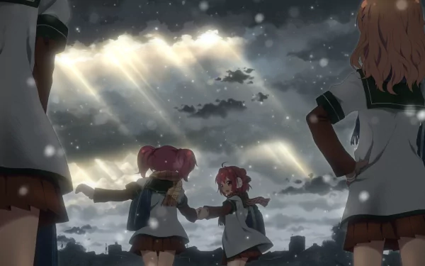 A serene HD wallpaper featuring characters from YuruYuri, standing together under a dramatic sky with beams of light breaking through dark clouds, creating a captivating atmosphere.