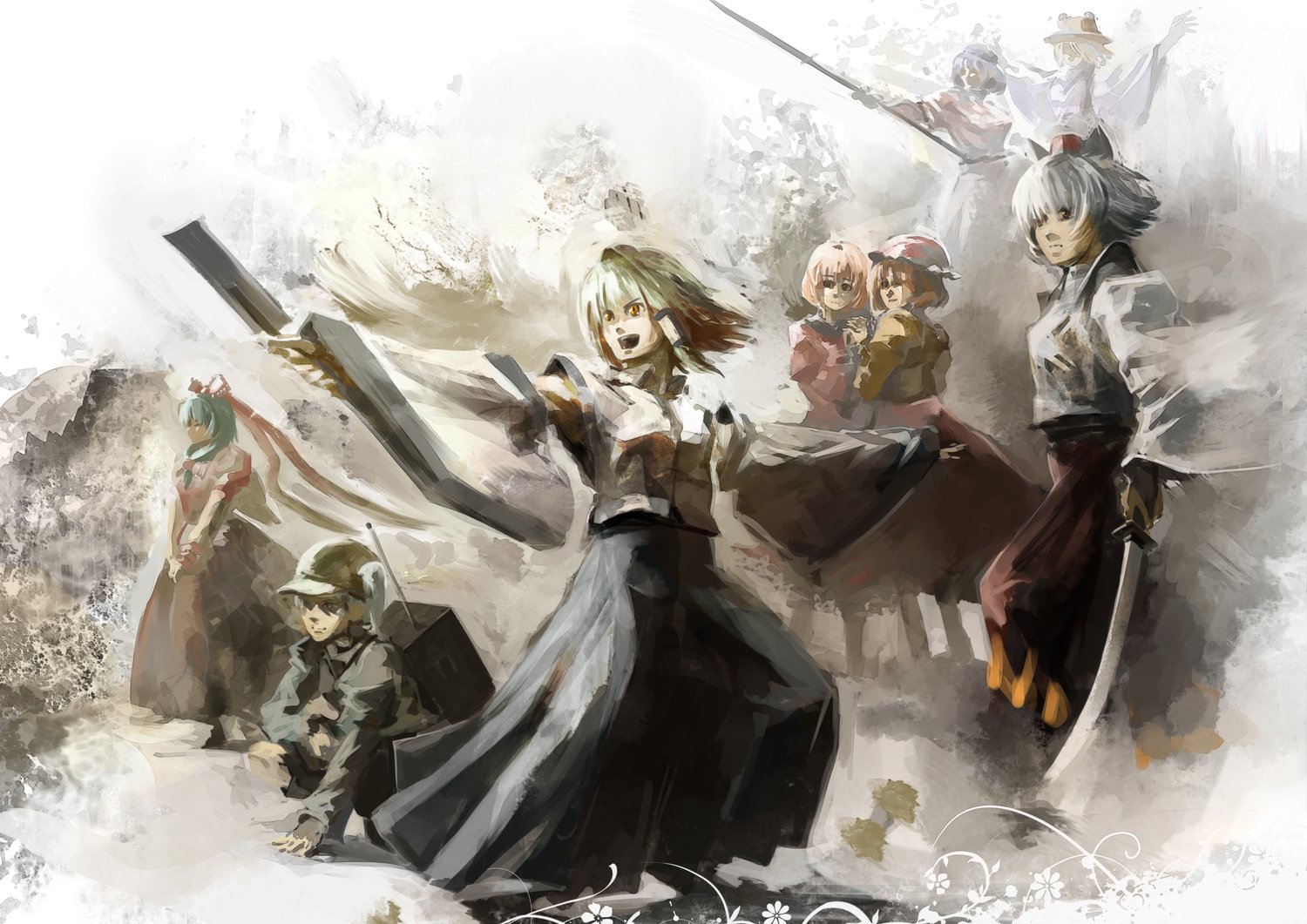 HD desktop wallpaper of Touhou cast: Nitori Kawashiro, Minoriko Aki, Shizuha Aki, Hina Kagiyama, Sanae Kochiya, Suwako Moriya and Momiji Inubashiri in a painterly group scene.