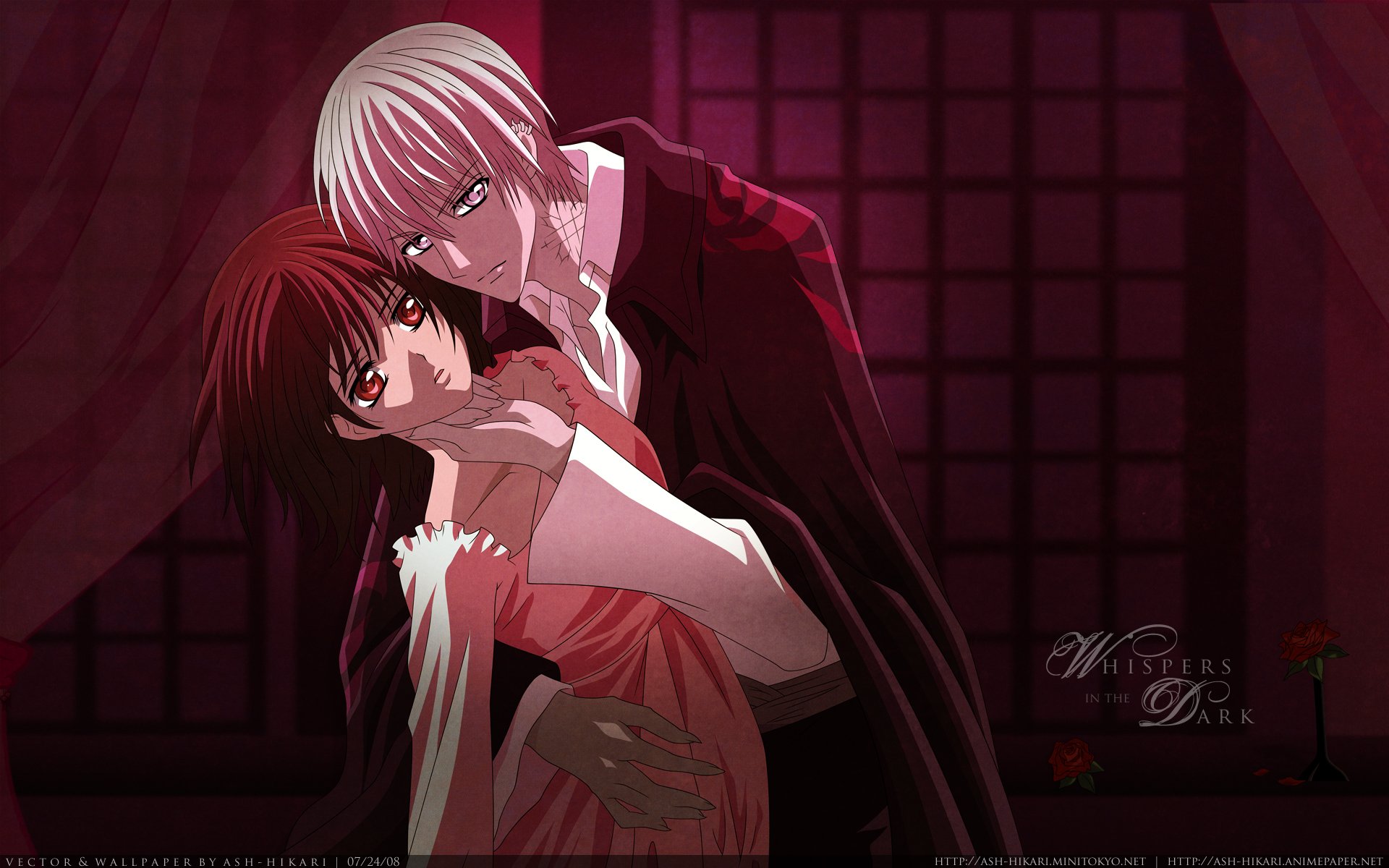 HD anime wallpaper from Vampire Knight shows an intense moment between two characters in a dark, red-lit room.